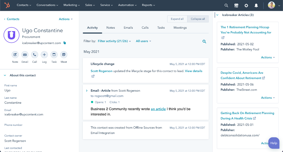 Icebreaker Articles Appear in the Right Column of the HubSpot Contact Record