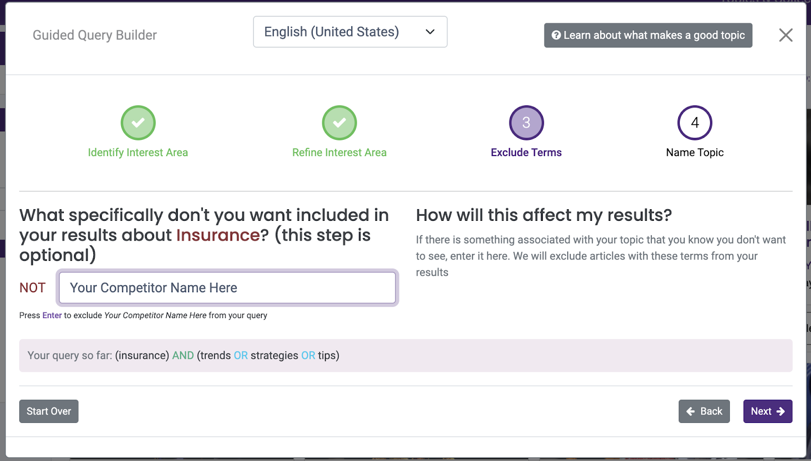 Apply negative terms in UpContent ueries to avoid sharing content from competitors